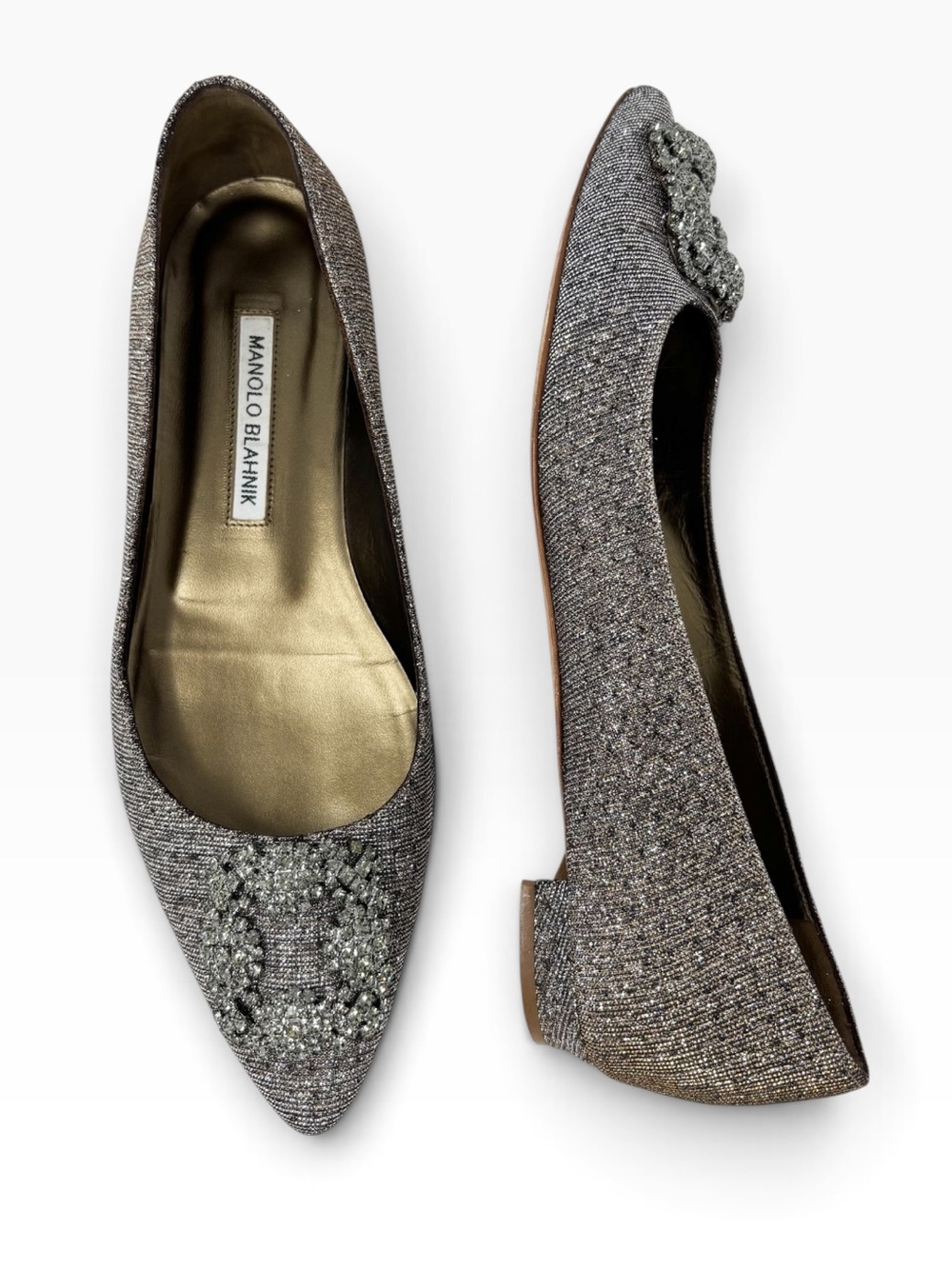 Manolo Blahnik Hangisi Flat Glitter Crystal Buckle Bronze Silver Flats 38.5 8.5